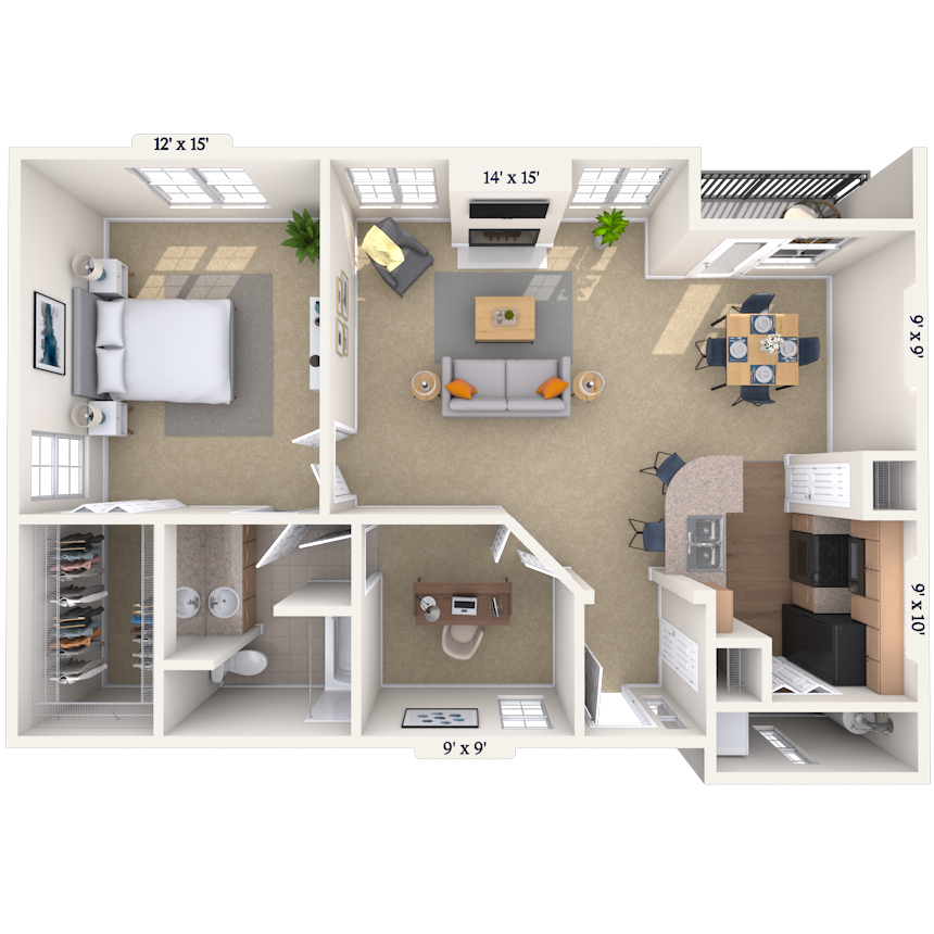 Floor plan for 1 bed, 1 bath, 997 sqft